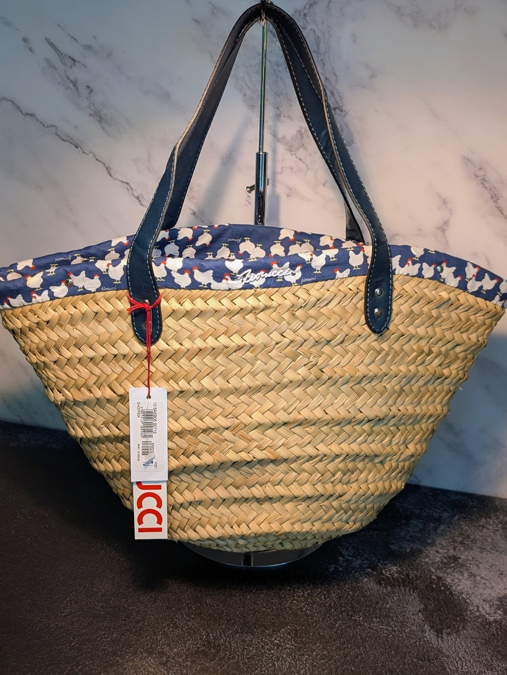 Fiorucci Straw/Leather Tote Bag With Chickens